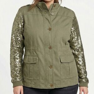 Quinn OliveGreen Utility Jacket Sequin Sleeves Snap Pockets Military Anorak Sz L